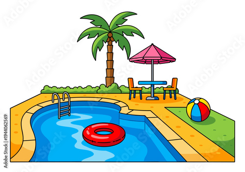 Cartoon swimming pool with palm tree, umbrella, table, chairs, and beach ball