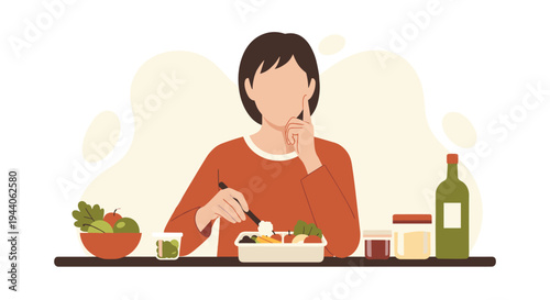 A woman with short hair thoughtfully considers her healthy lunch from a bento box at a table with fruit and jars.