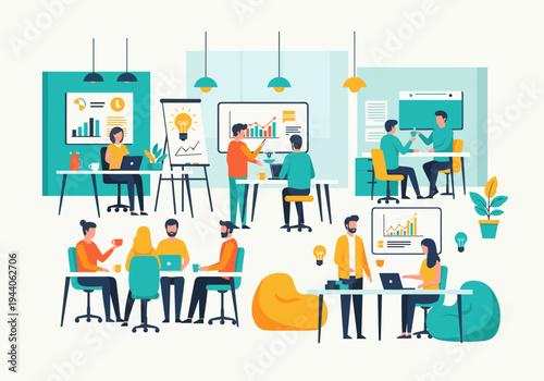 Diverse team collaborating in a modern office space with charts and ideas