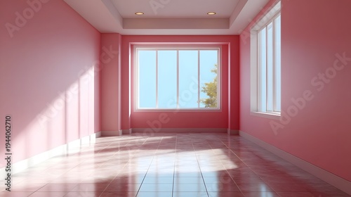 Empty minimalist room with pink walls bathed in bright sunlight casting geometric shadows on the tiled floor