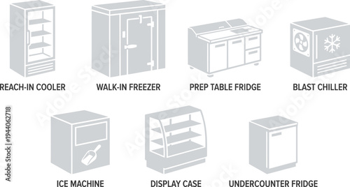A collection of commercial refrigeration and food service equipment is displayed.