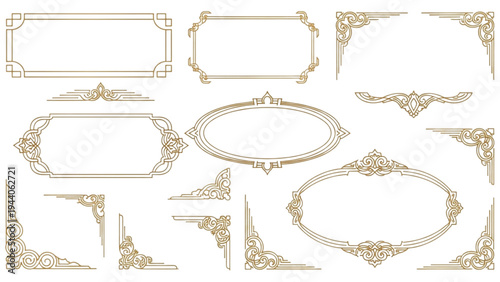 Golden ornate frames and borders are arranged on a white background.