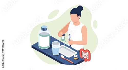A woman prepares a health supplement, mixing it into a glass of water at a table with dental hygiene items and a gut health diagram.