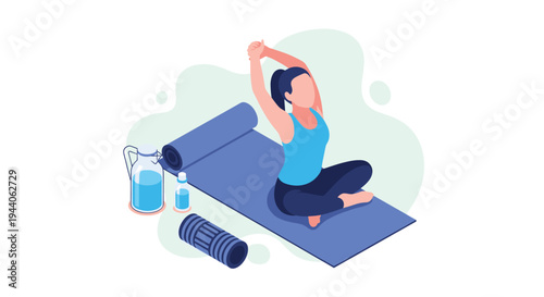 A woman in activewear performs a morning stretch on a blue yoga mat, with a foam roller and water bottles for her fitness routine.