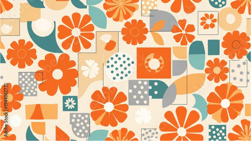 Vibrant orange flowers and geometric shapes create a lively abstract pattern on a cream background.