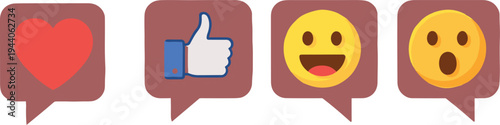 Social media reaction chat bubble icon set vector illustration with heart like smile emoji feedback message communication symbols