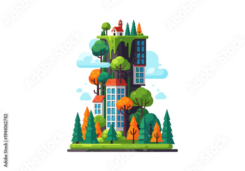 Stylized illustration of a vertical city with buildings and trees on a cliff