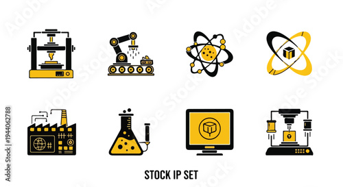 Set of 8 Black and Yellow Industrial Technology Vector Icons