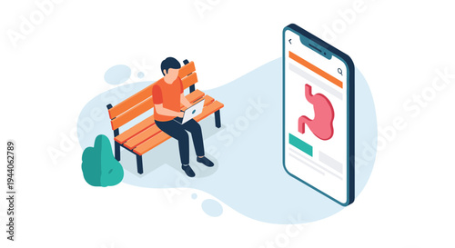 A man works on his laptop while sitting on a park bench, looking at a large smartphone screen displaying a medical diagram of a stomach.