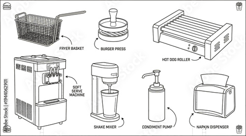 A collection of kitchen appliances and tools commonly found in fast-food restaurants.