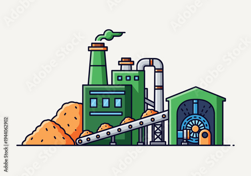 Green factory with conveyor belt and pile of raw materials, industrial processing concept