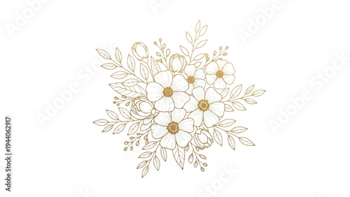 Golden floral illustration of flowers and leaves on white background