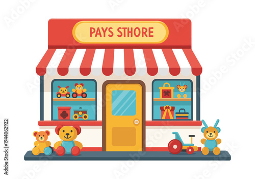 Charming cartoon toy store facade with teddy bears and gifts displayed in windows