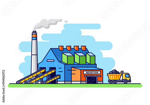 Modern industrial factory with a tall smokestack and a truck delivering raw materials