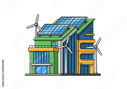 Modern eco-friendly building with solar panels and wind turbines on a white background
