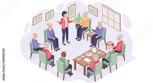 A group of senior citizens sit in a circle for a support meeting, listening to a female speaker while enjoying tea and cookies in a community center room.