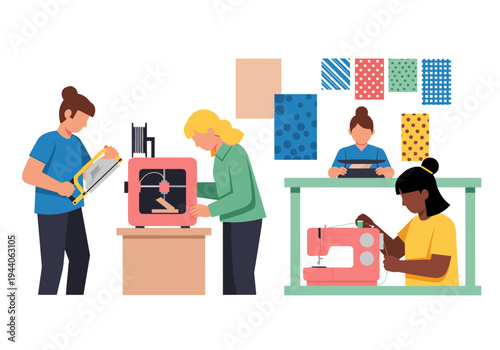 Diverse people engaged in creative making with 3D printer and sewing machine