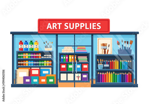 Art supplies store exterior with colorful products displayed on shelves behind glass windows