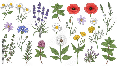 Various colorful flowers and plants are arranged together outdoors naturally