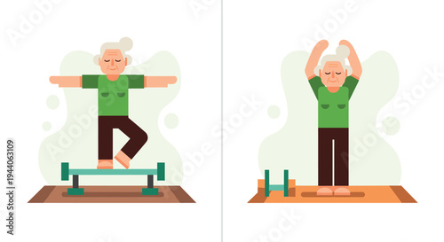 A set of two illustrations shows an active senior woman practicing balance on a beam and stretching her arms upwards on a yoga mat as part of her fitness routine.