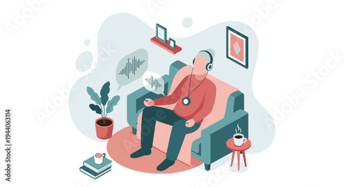 An elderly man wearing headphones and a medical alert pendant relaxes in an armchair while listening to an audiobook or music in his cozy living room.