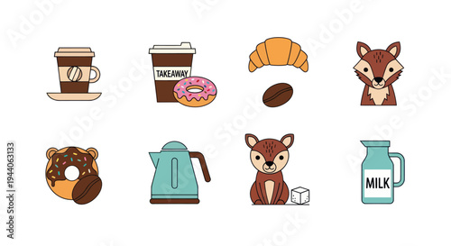 Cartoon food drinks and animals illustration