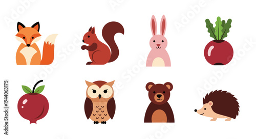 Cartoon forest animals and food collection