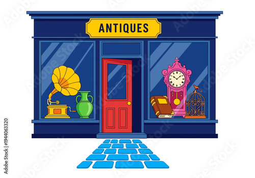 Charming antique shop storefront with vintage items displayed in the window