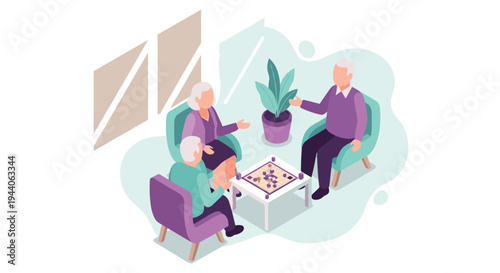 Three senior friends, two women and one man, are gathered around a table, enjoying a board game together in a cozy room with comfortable armchairs.