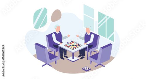 Two elderly men sit opposite each other at a small table, actively engaged in playing a colorful board game inside a room with large windows and purple chairs.