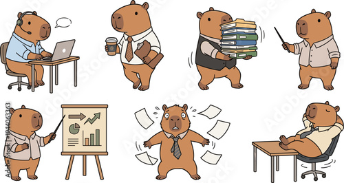Cute Cartoon Hippo Office Worker Character Set Working at Desk Carrying Documents Giving Presentation and Busy Workplace Activities Vector Illustration