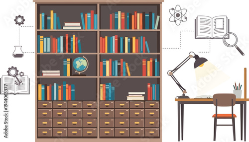 A well-organized bookshelf with a desk and lamp suggests a place for study and research.