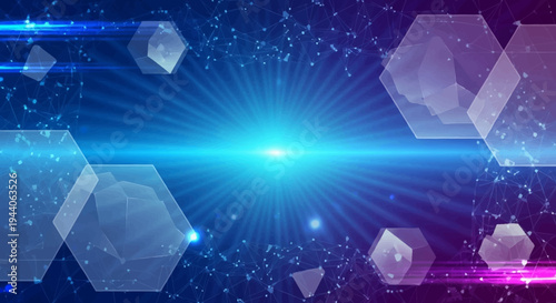 Abstract glowing hexagon shapes with light streaks and particles.