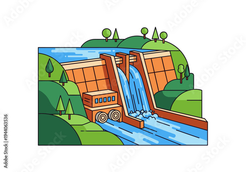 Stylized illustration of a hydroelectric dam with flowing water and surrounding green hills