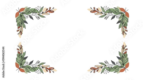 Watercolor floral border corners on white background with green leaves and orange flowers