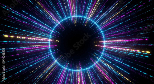 Abstract glowing neon circle with light streaks in dark background.