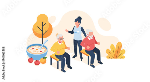 A female caregiver assisting an elderly couple with gentle physical exercises in an outdoor setting in a caring isometric vector illustration.