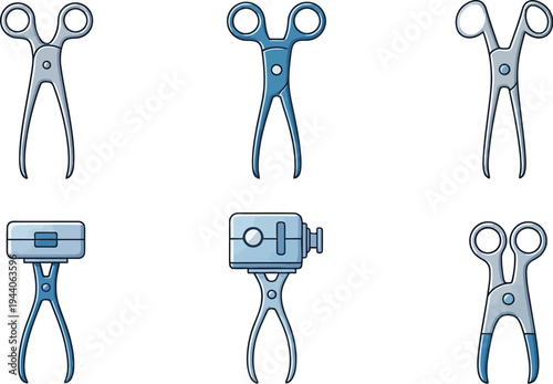 A collection of medical surgical instruments including forceps and clamps displayed on a white background.