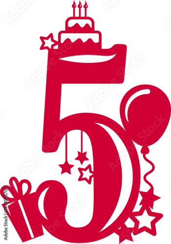 Numbers Five and vertical striped candles on cake toppers. Anniversary celebration. Birthday party.