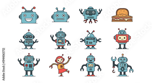 Cartoon robots collection isolated on white