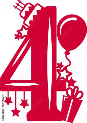 Numbers 4 and vertical striped candles on cake toppers. Anniversary celebration. Birthday party.