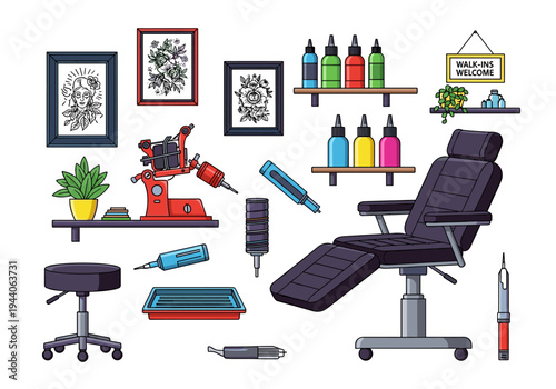 Tattoo studio equipment and supplies neatly arranged for a professional session