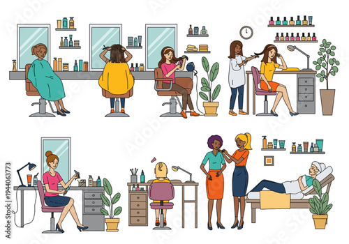 Diverse people enjoying various beauty treatments and salon services in a modern spa setting