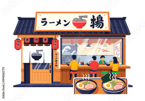 Cozy Japanese ramen shop interior with customers enjoying delicious noodle soup