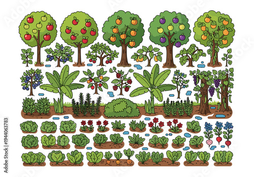 Vibrant cartoon garden illustration featuring diverse fruit trees and vegetable patches