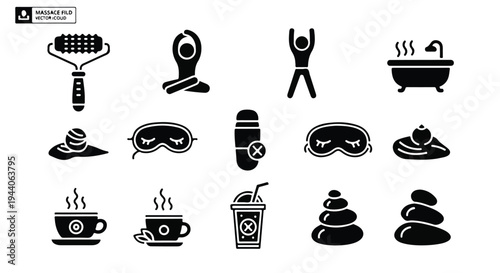 Set of 15 Black Wellness and Relaxation Vector Icons