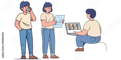 Illustration of people collaborating on a project remotely using technology