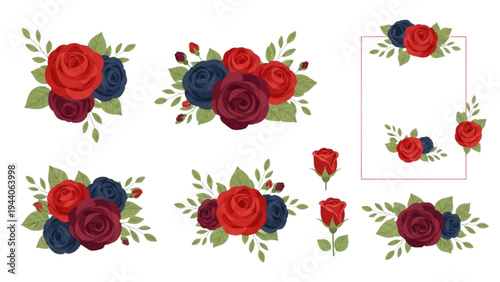 Vibrant red and blue roses with green leaves arranged in floral bouquets on white