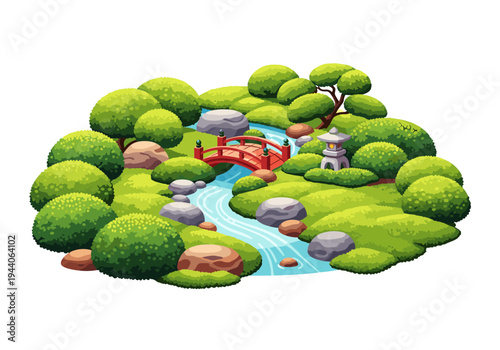 Serene Japanese garden with a red bridge, flowing stream, and stone lantern