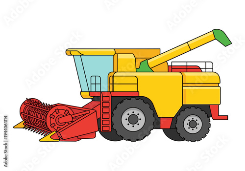 Modern yellow and red combine harvester machine for agricultural harvesting on a white background